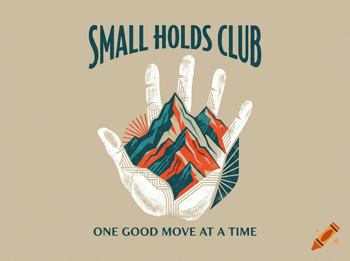 An illustrated design featuring a white hand shape enclosing mountain peaks, with the text SMALL HOLDS CLUB above and ONE GOOD MOVE AT A TIME below.