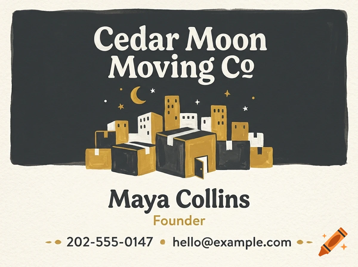 A business card design for Cedar Moon Moving Co featuring stacked cardboard boxes, a skyline silhouette, a crescent moon, and contact details for Maya Collins.