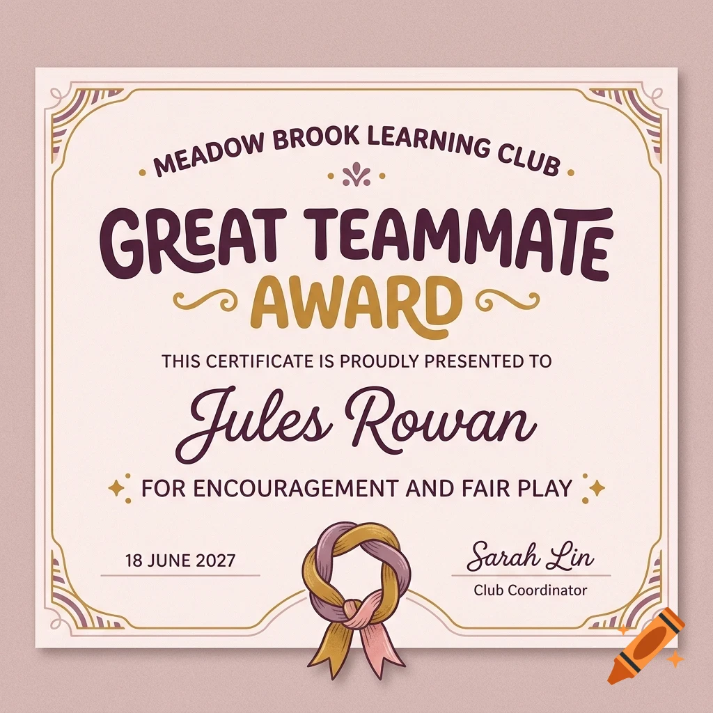 An award certificate titled 'Great Teammate Award' presented to Jules Rowan by Meadow Brook Learning Club.
