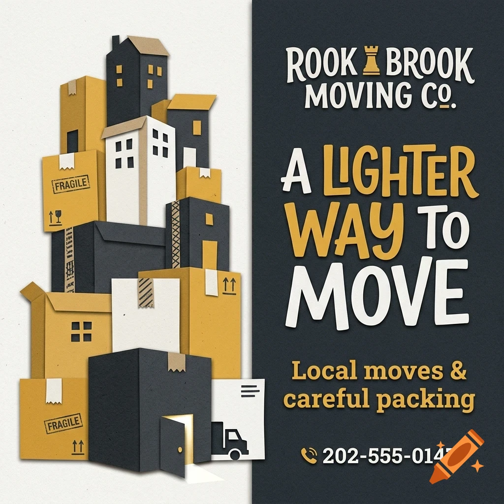 An advertisement for Rook Brook Moving Co featuring a stack of cardboard boxes shaped like houses, with text reading A lighter way to move.