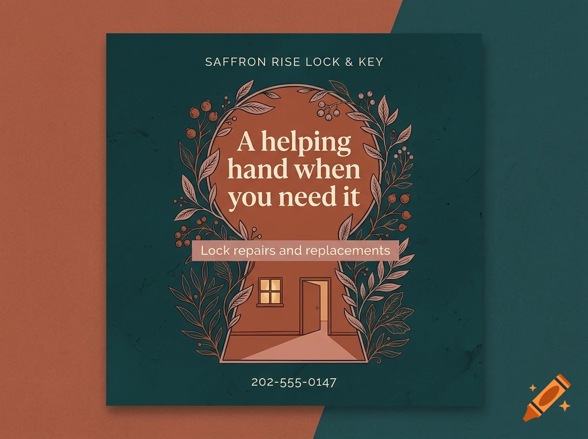 An advertisement for Saffron Rise Lock & Key featuring a keyhole graphic framing a house interior with plants and text reading A helping hand when you need it.