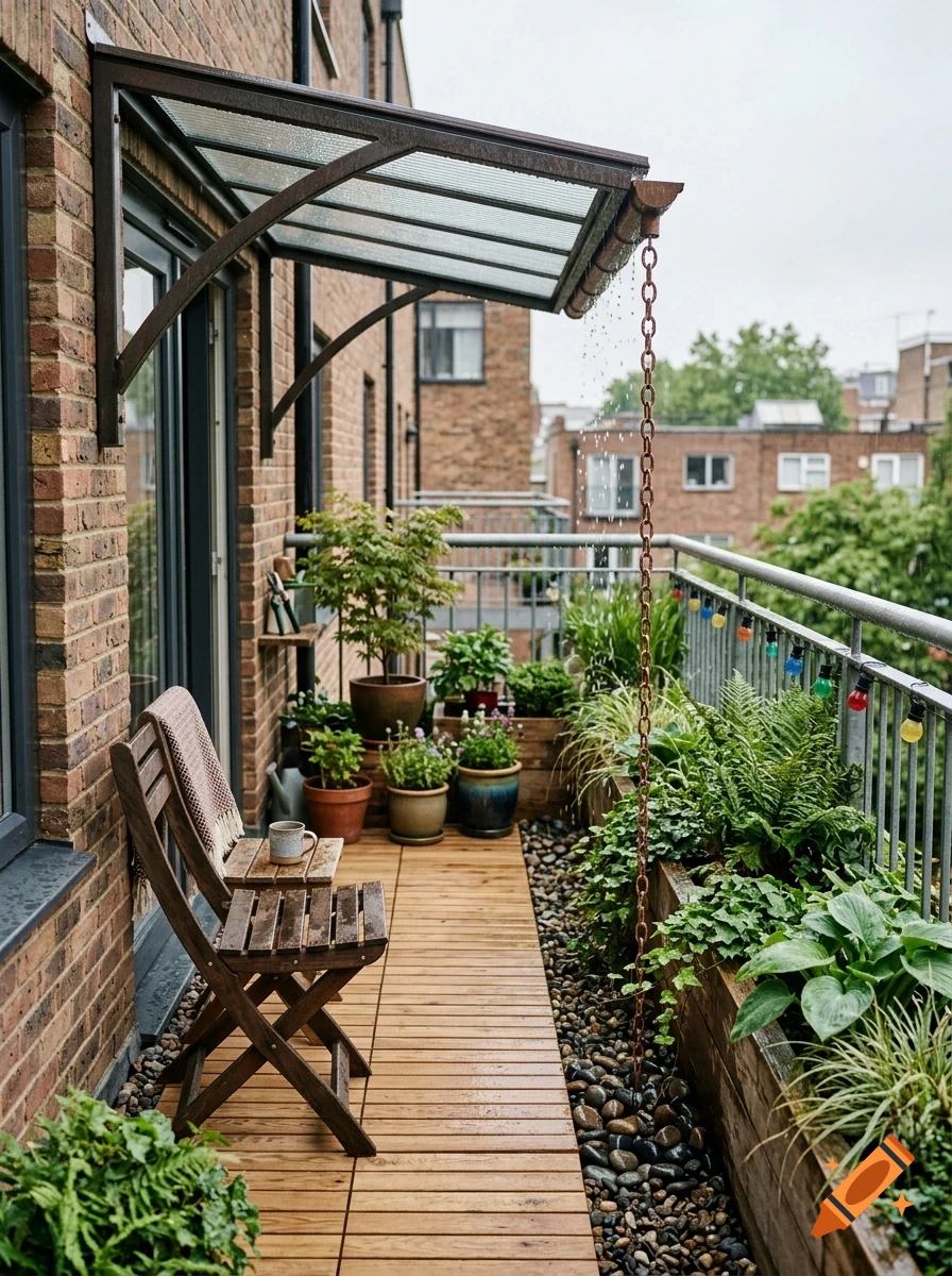A narrow brick apartment balcony filled with potted plants and a wooden floor, featuring a rain chain draining water into a bed of pebbles.