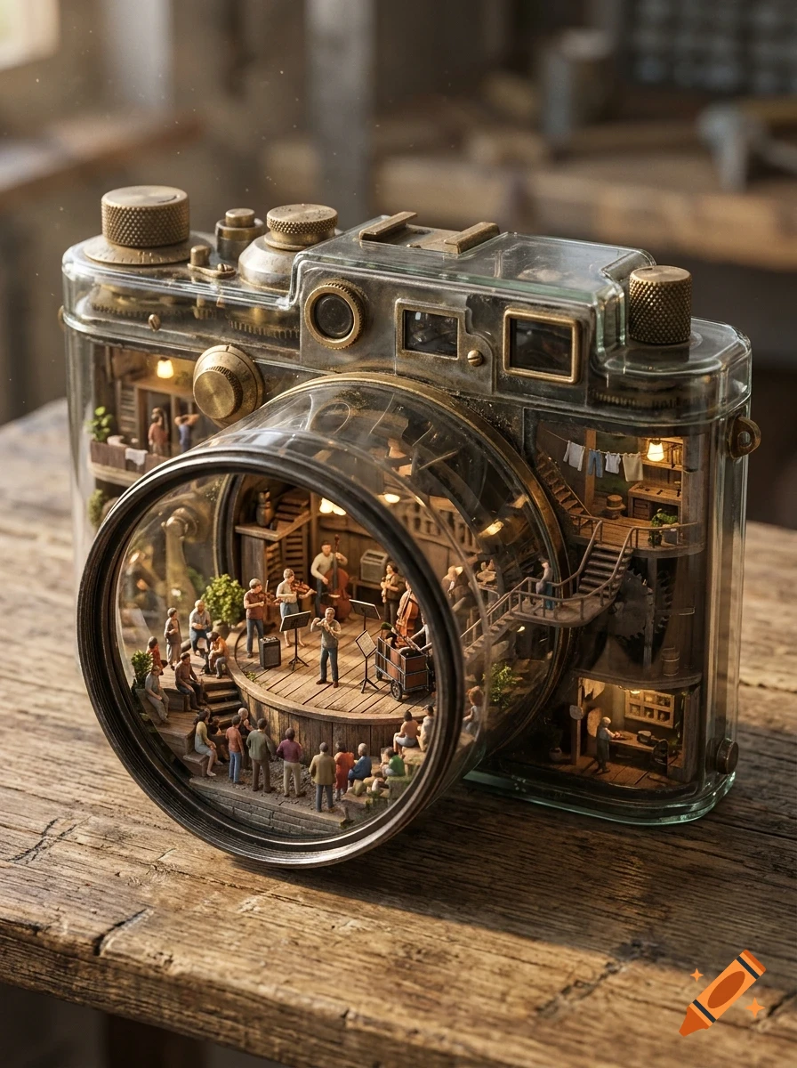A miniature diorama inside a vintage glass and brass camera, featuring tiny people playing music and living inside the lens and body on a wooden table.