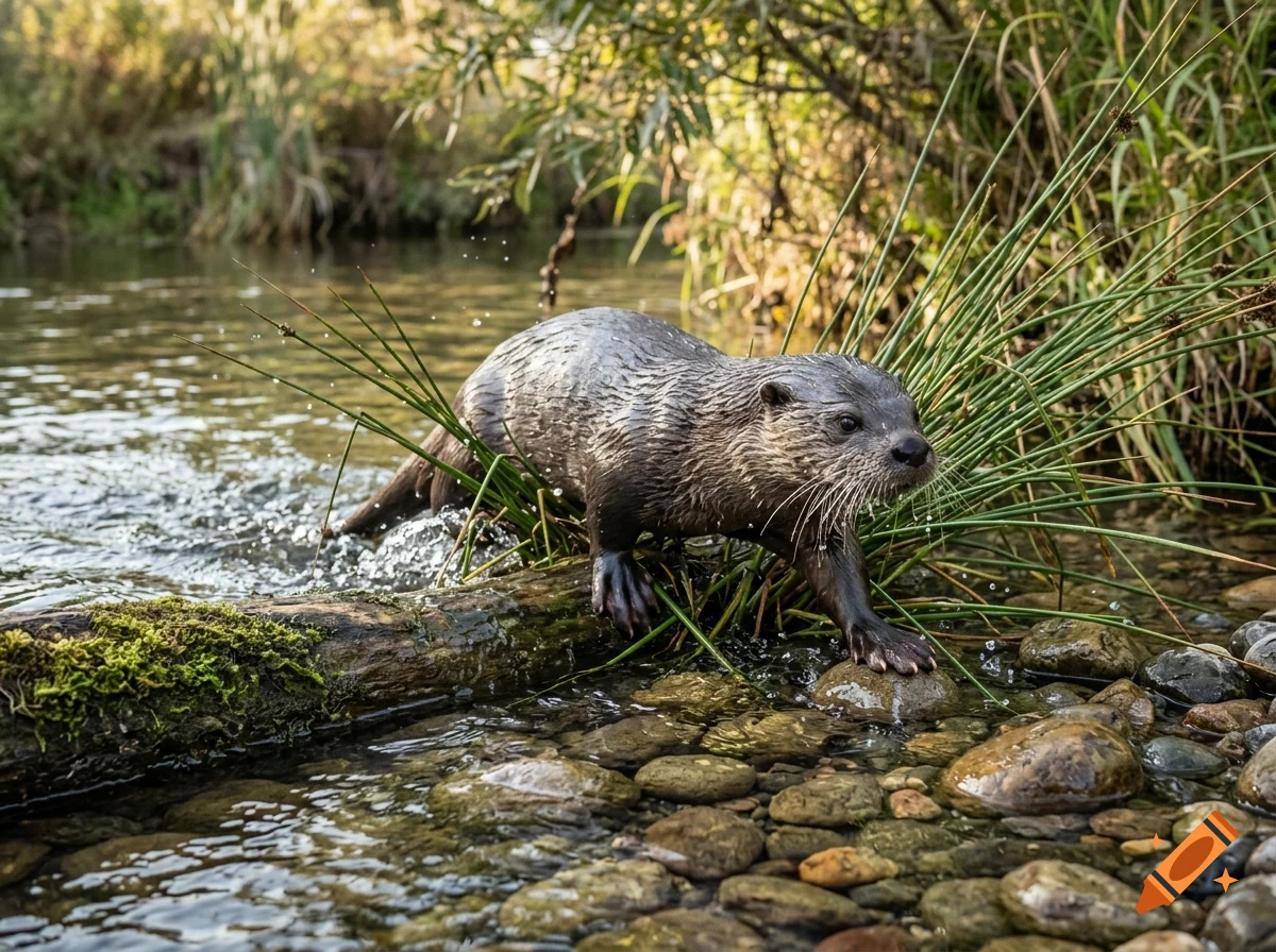 An otter walking along a log in shallow river water surrounded by tall grass and smooth rocks.