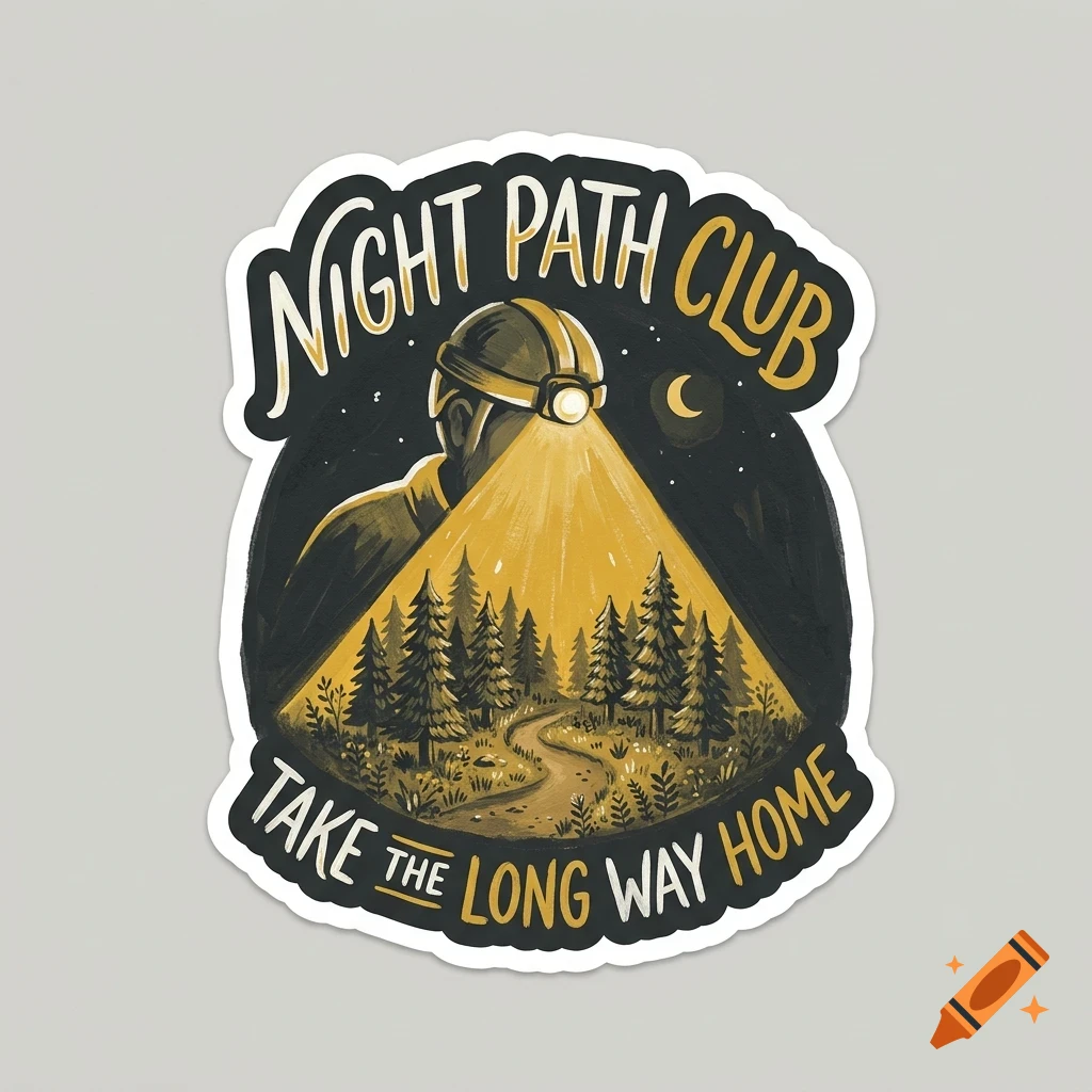 An illustrated sticker showing a person wearing a headlamp shining a bright yellow beam down a winding path through a pine forest at night, with text reading 'NIGHT PATH CLUB' and 'TAKE THE LONG WAY HOME'.