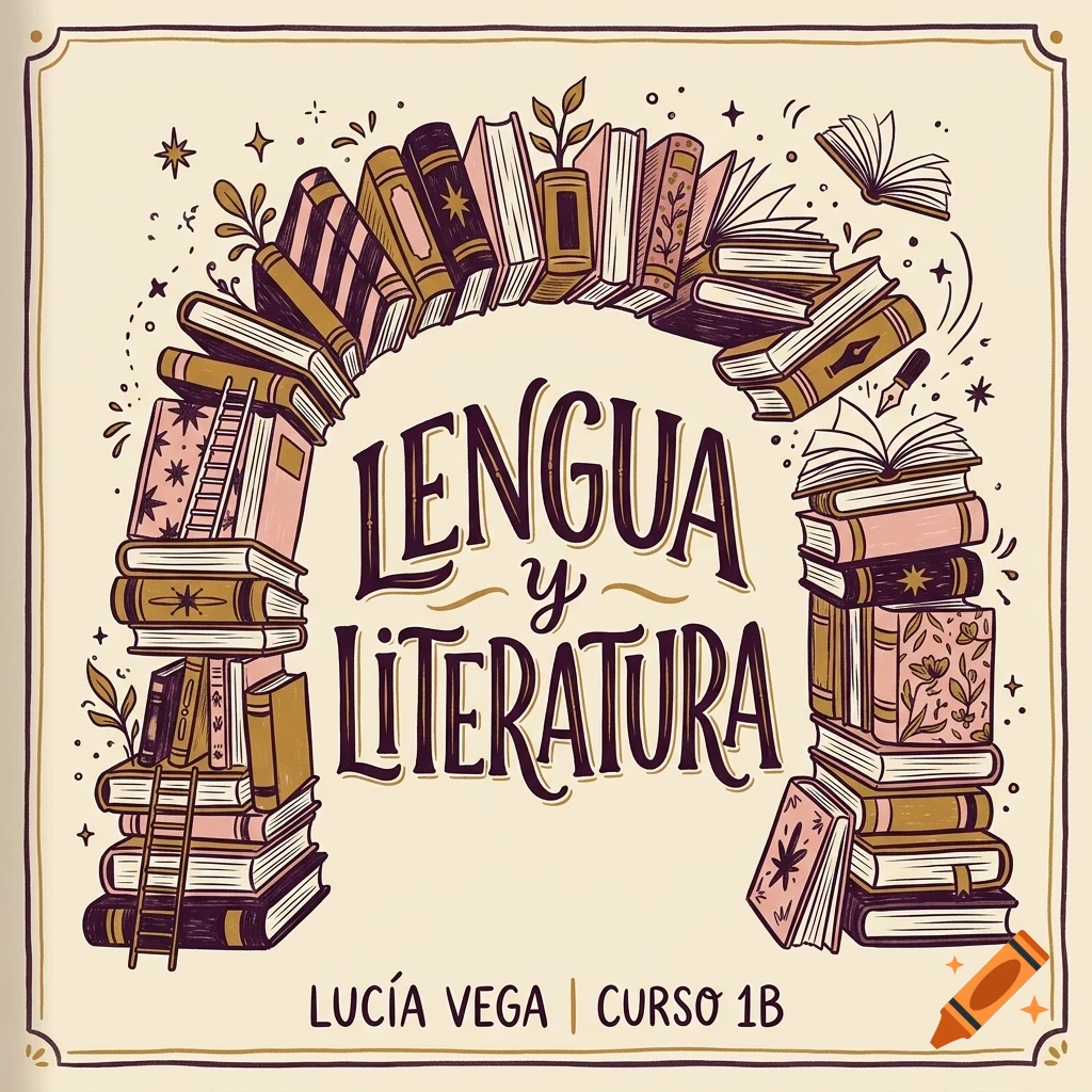 An illustrated book cover design featuring piles of books forming an arch around the text 'Lengua y Literatura', with the name 'Lucía Vega | Curso 1B' at the bottom.