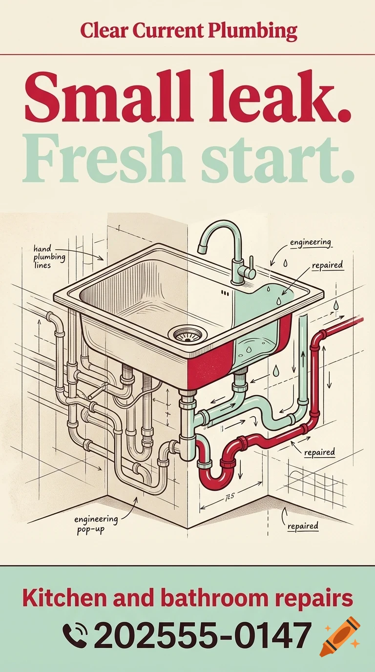 An illustrated plumbing diagram of a sink with pipes and arrows, accompanied by text.
