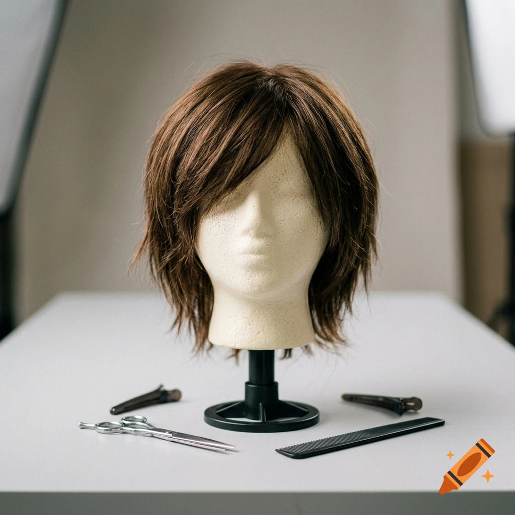A mannequin head with brown layered hair on a stand, surrounded by hairdressing tools like scissors, clips, and a comb on a white table.