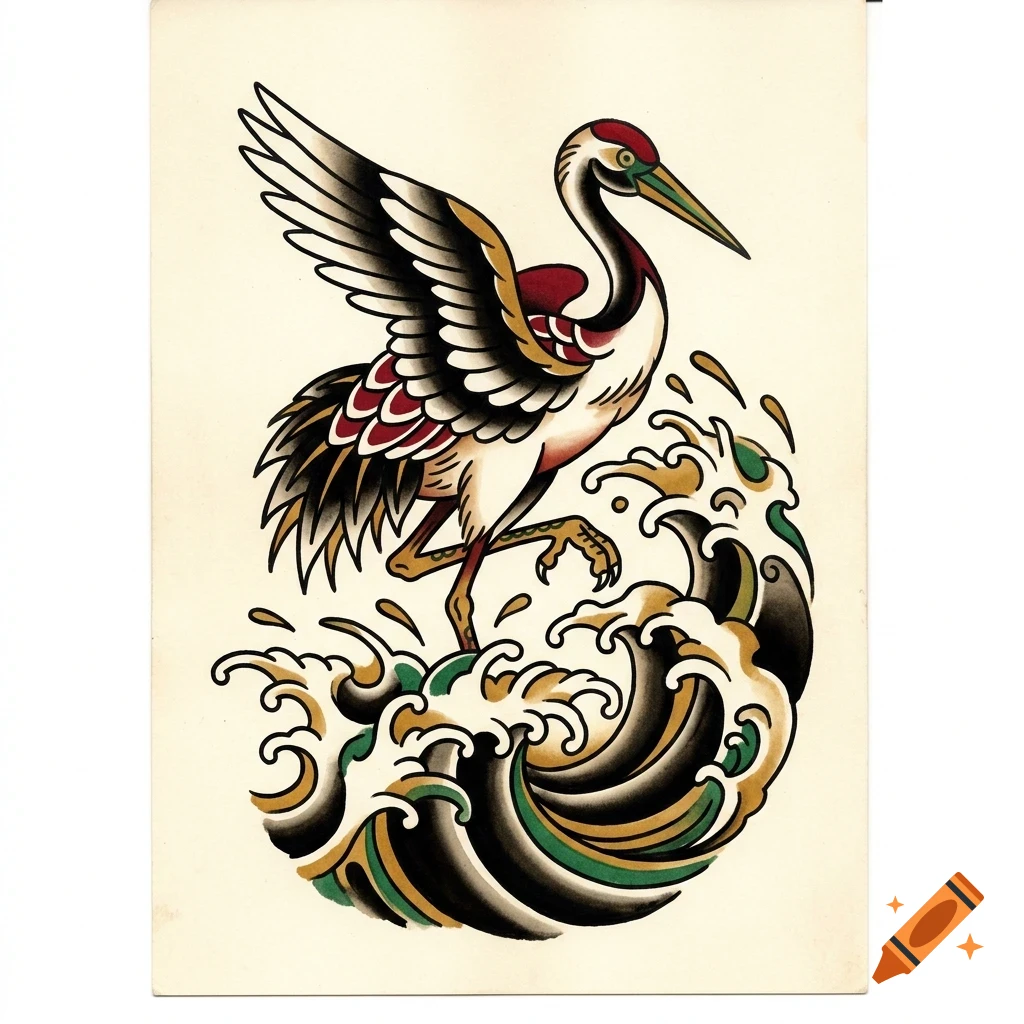 Traditional tattoo-style illustration of a crane standing amidst stylized ocean waves.