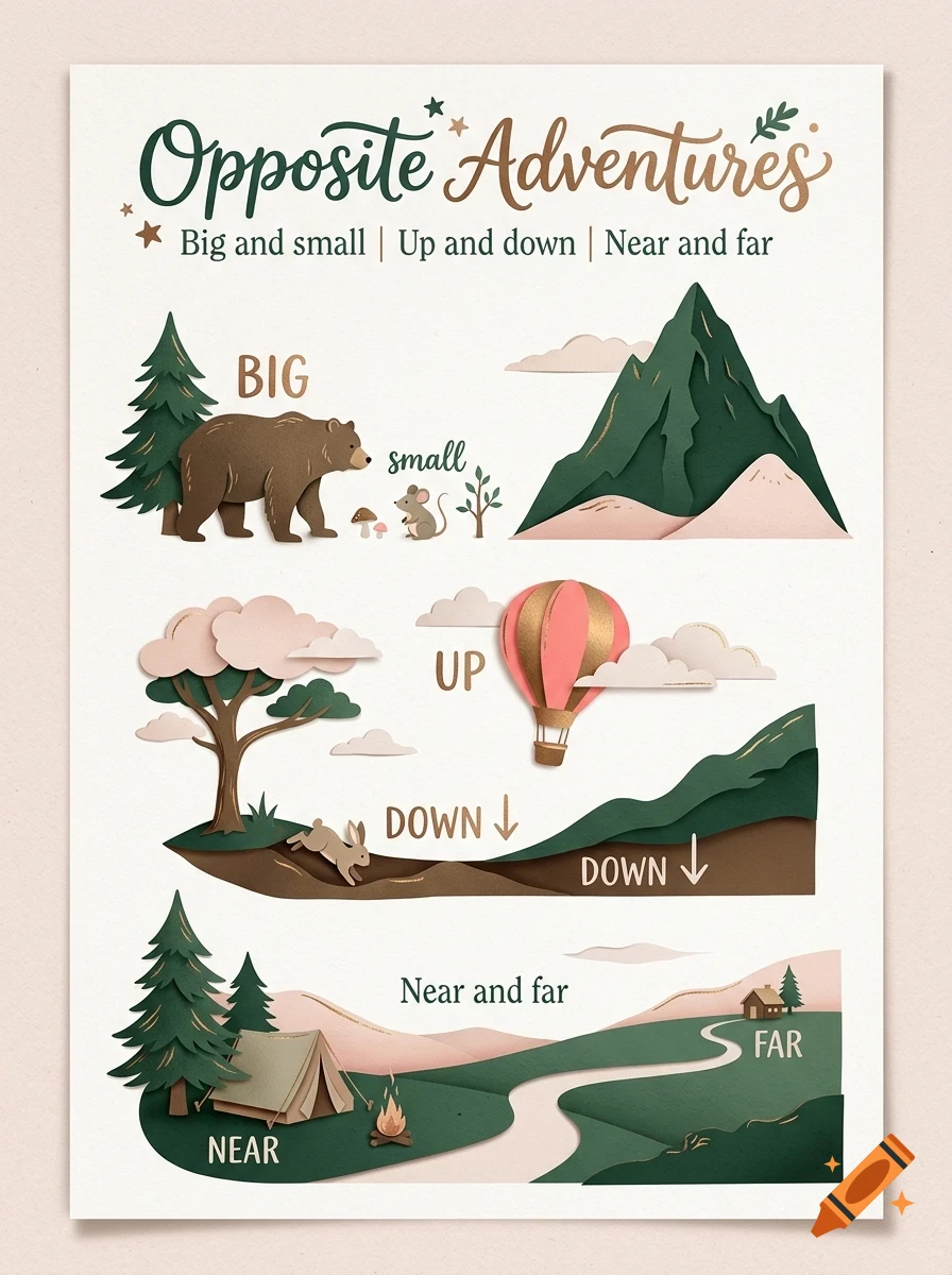 An educational poster titled Opposite Adventures illustrating concepts like big and small, up and down, and near and far using paper-cut style illustrations.