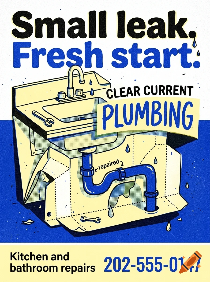 An illustrated plumbing advertisement featuring a sink, blue pipes, and text reading Small leak. Fresh start and Clear Current Plumbing.