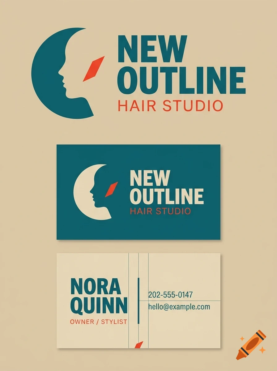 A branding design featuring a logo of a profile silhouette and text reading 'NEW OUTLINE HAIR STUDIO', along with two business card mockups containing the logo and contact details.