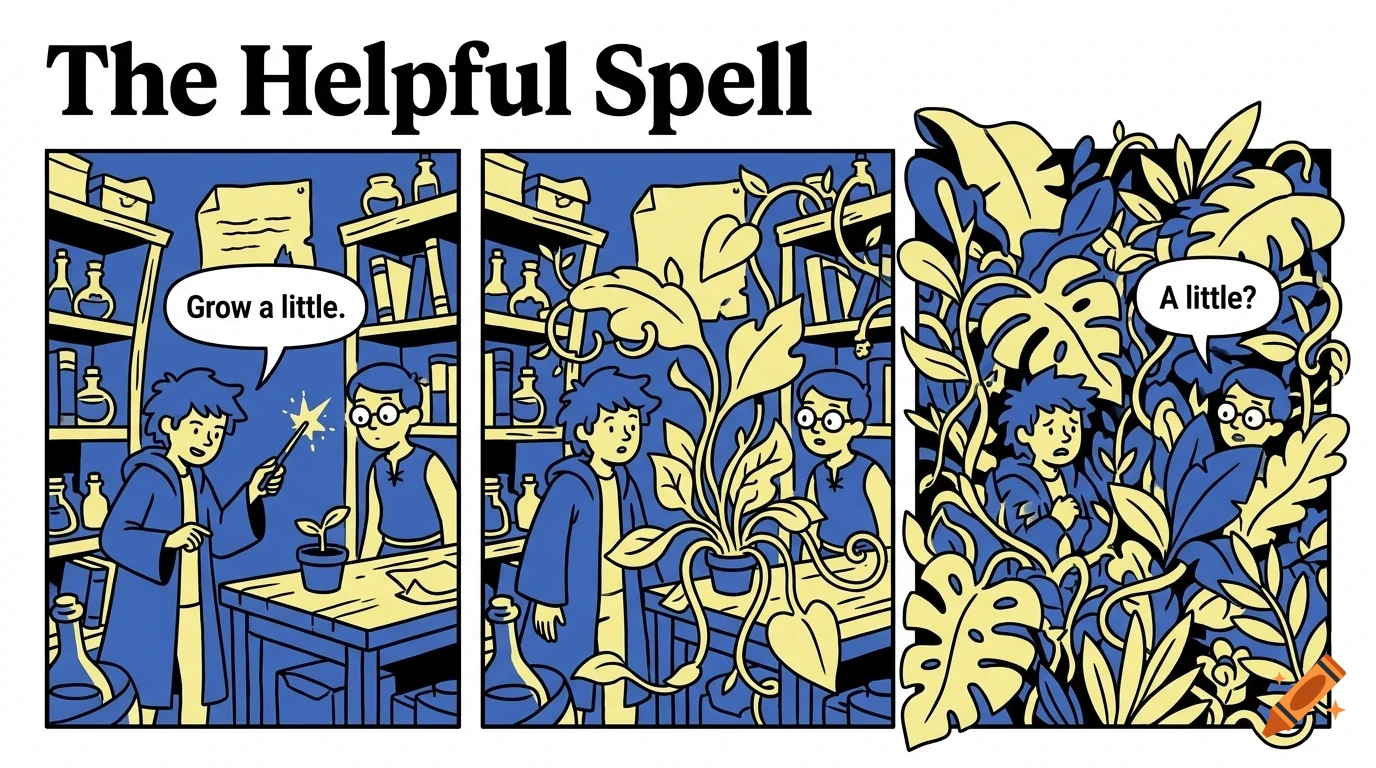 A three-panel comic titled The Helpful Spell showing a character casting a spell to grow a plant, which quickly grows out of control.