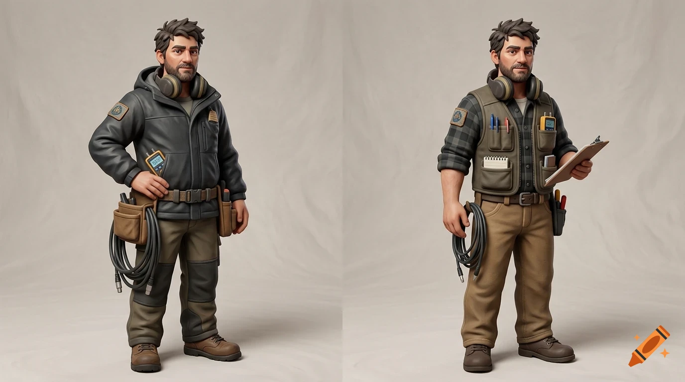 3D render of a male technician character in two variations wearing work gear and tools.