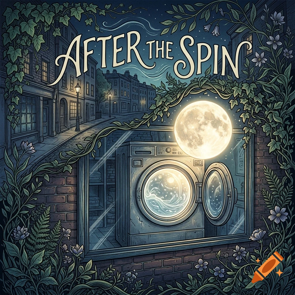An illustration of a laundromat at night viewed through a window framed by foliage, featuring a glowing washing machine and the text After The Spin.