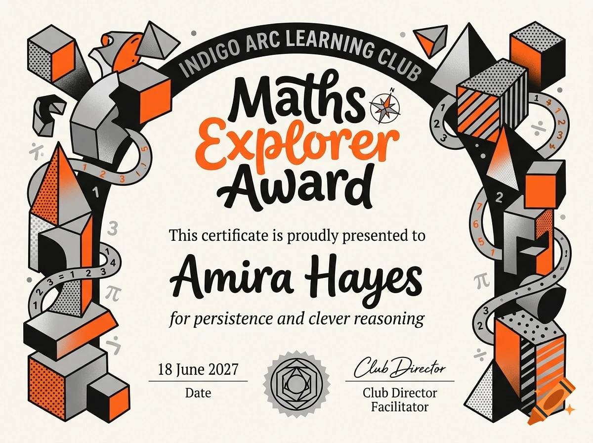 An award certificate from Indigo Arc Learning Club titled Maths Explorer Award presented to Amira Hayes, decorated with 3D geometric shapes and numbers.
