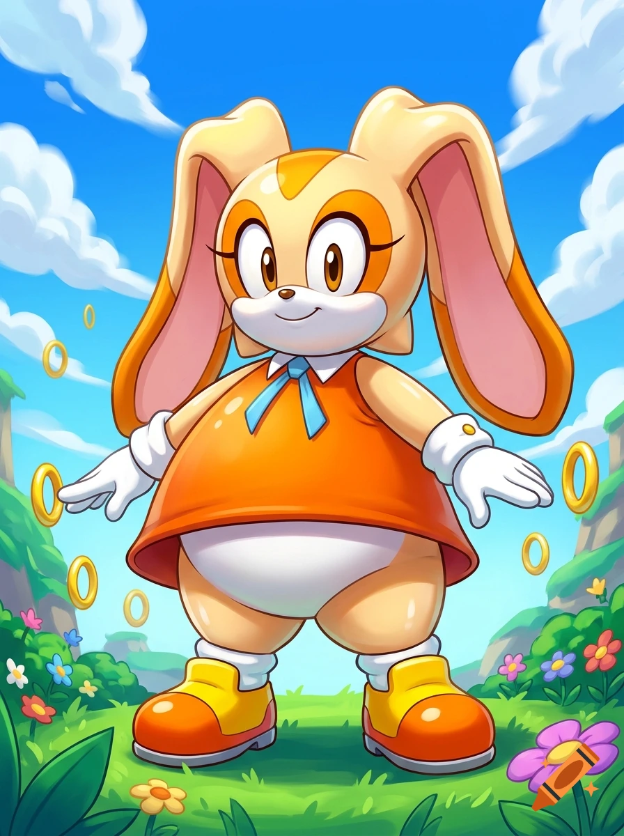Digital illustration of Cream the Rabbit from Sonic the Hedgehog standing in a grassy field with floating rings.