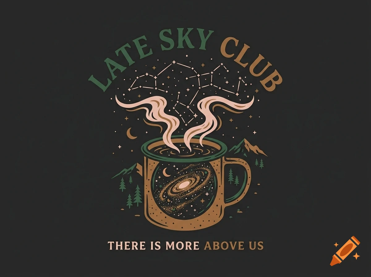 An illustration of a mug containing a galaxy with steam rising, surrounded by stars, constellations, and the text 'LATE SKY CLUB' and 'THERE IS MORE ABOVE US'.
