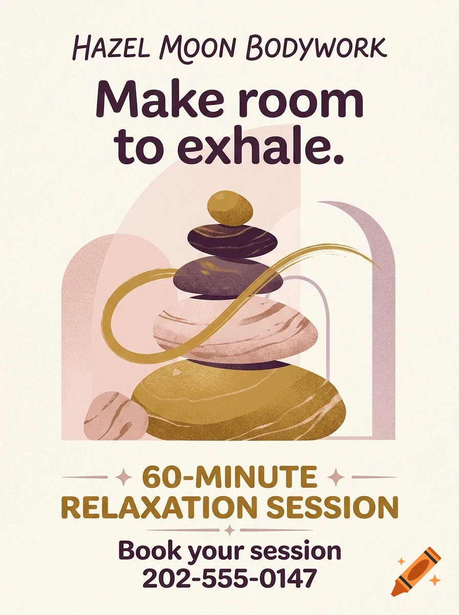 A poster featuring a stack of smooth meditation stones with abstract arches in the background and text reading 'Hazel Moon Bodywork' and 'Make room to exhale.'