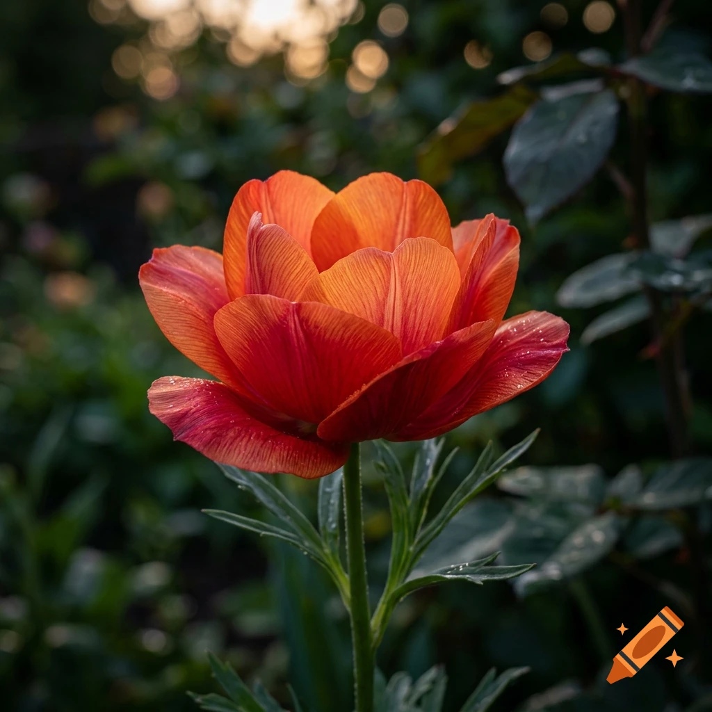 Close-up photograph of a vibrant red and orange flower blooming against a dark, blurred green foliage background.