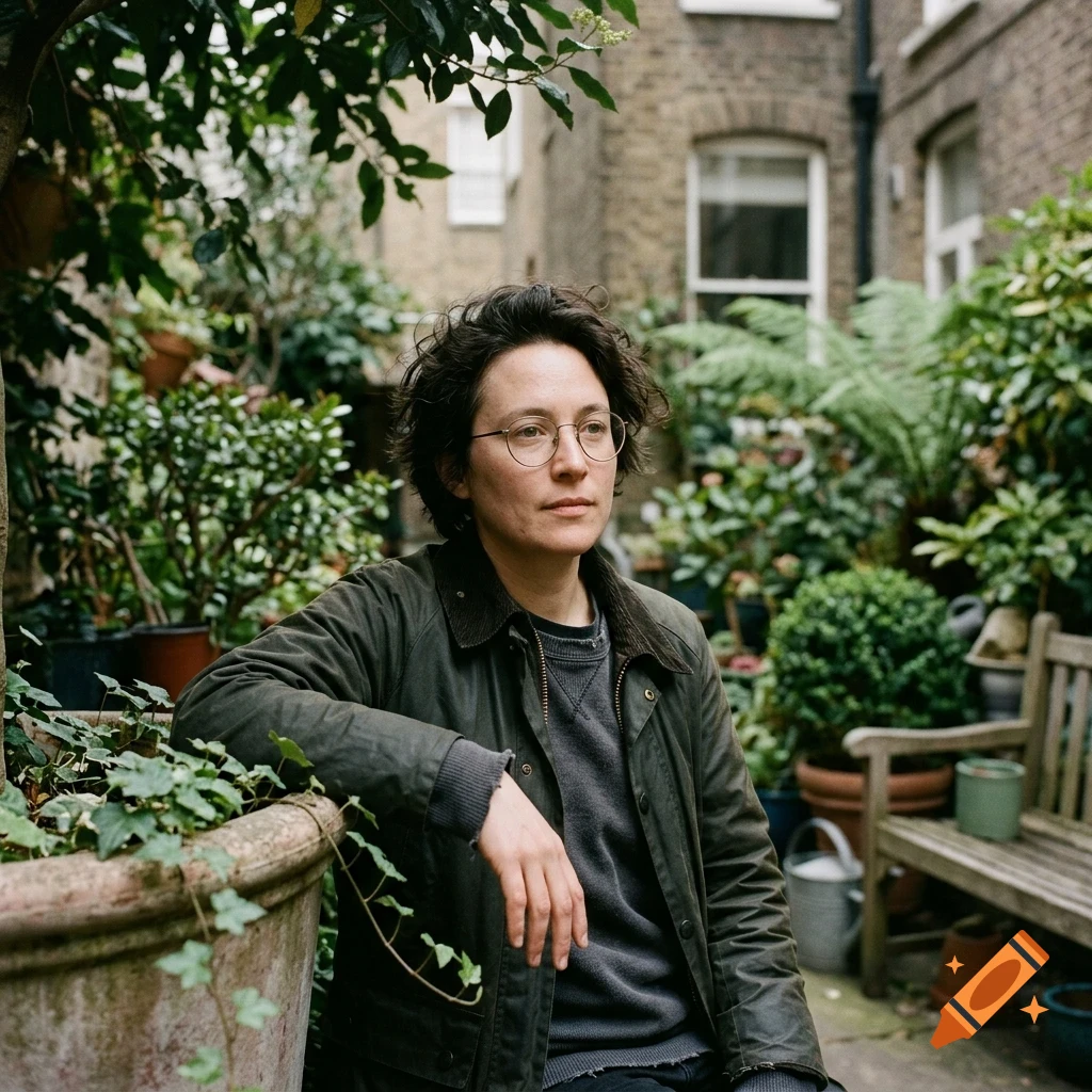 A person with short curly hair and glasses wearing a dark jacket, sitting outdoors in a courtyard surrounded by potted plants.