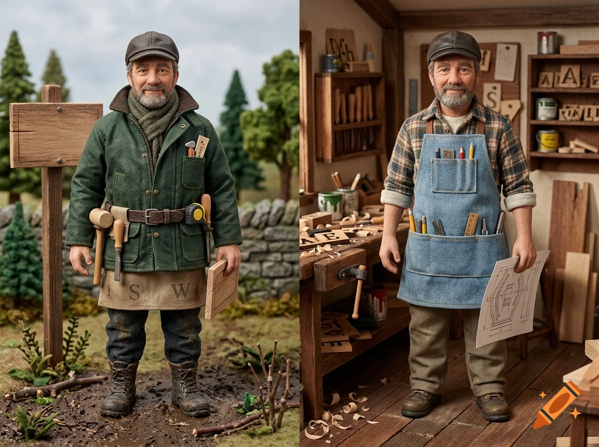 Two-panel image showing a bearded male action figure dressed as a woodworker outdoors in a green jacket and indoors in a workshop.