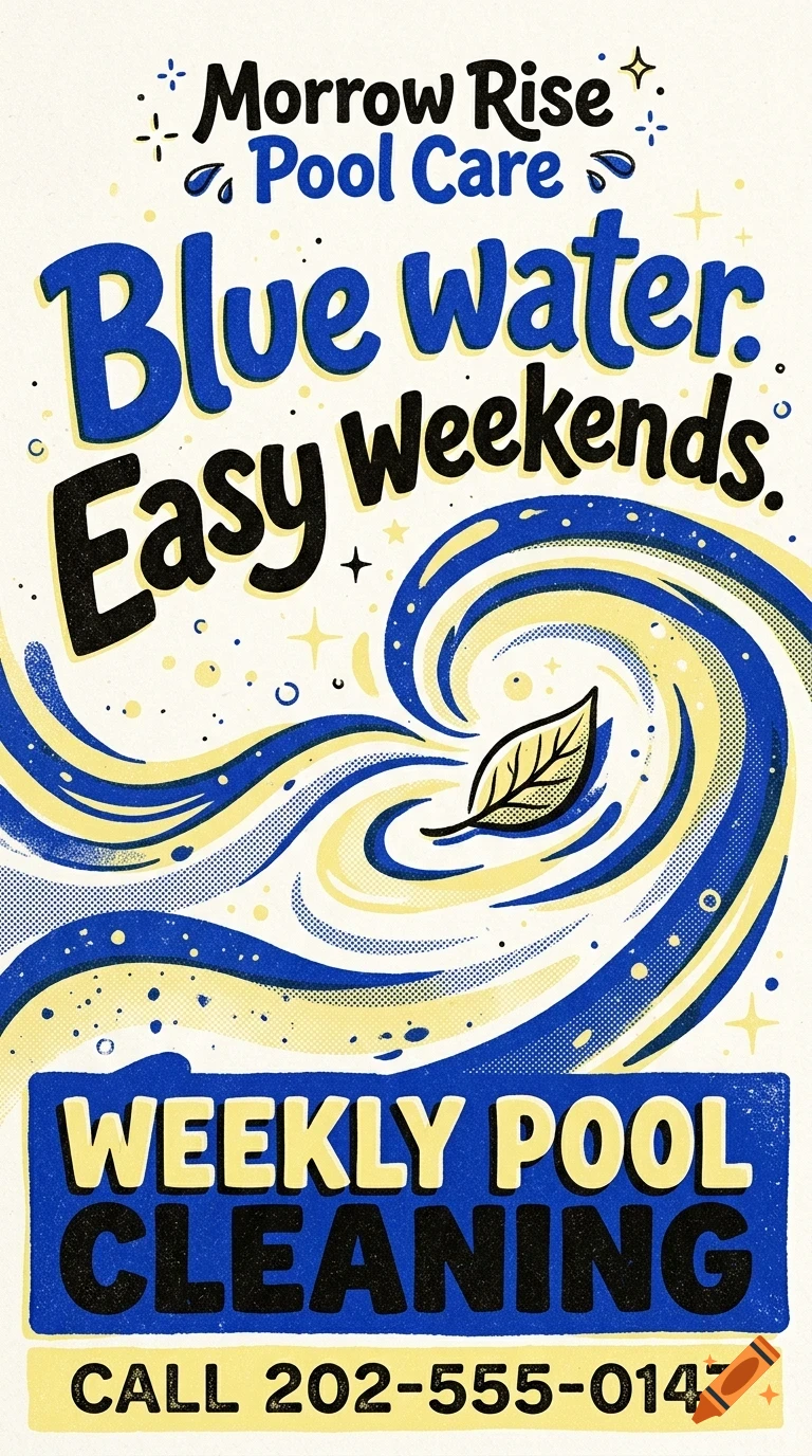 An advertisement for Morrow Rise Pool Care featuring bold blue and black lettering, a swirling water design, and a leaf floating in the center.