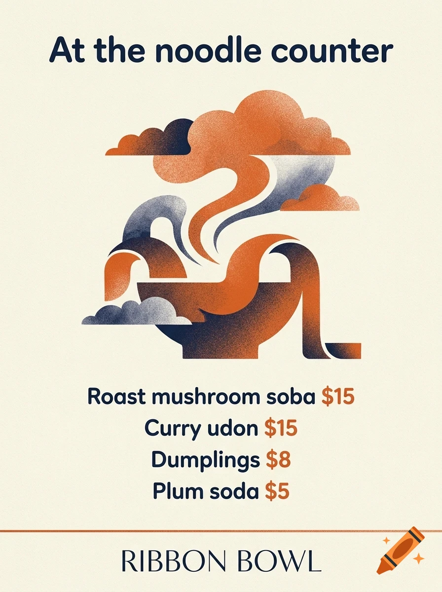 An illustration of a bowl with ribbon-like noodles and steam rising, with text listing noodle menu items and prices.