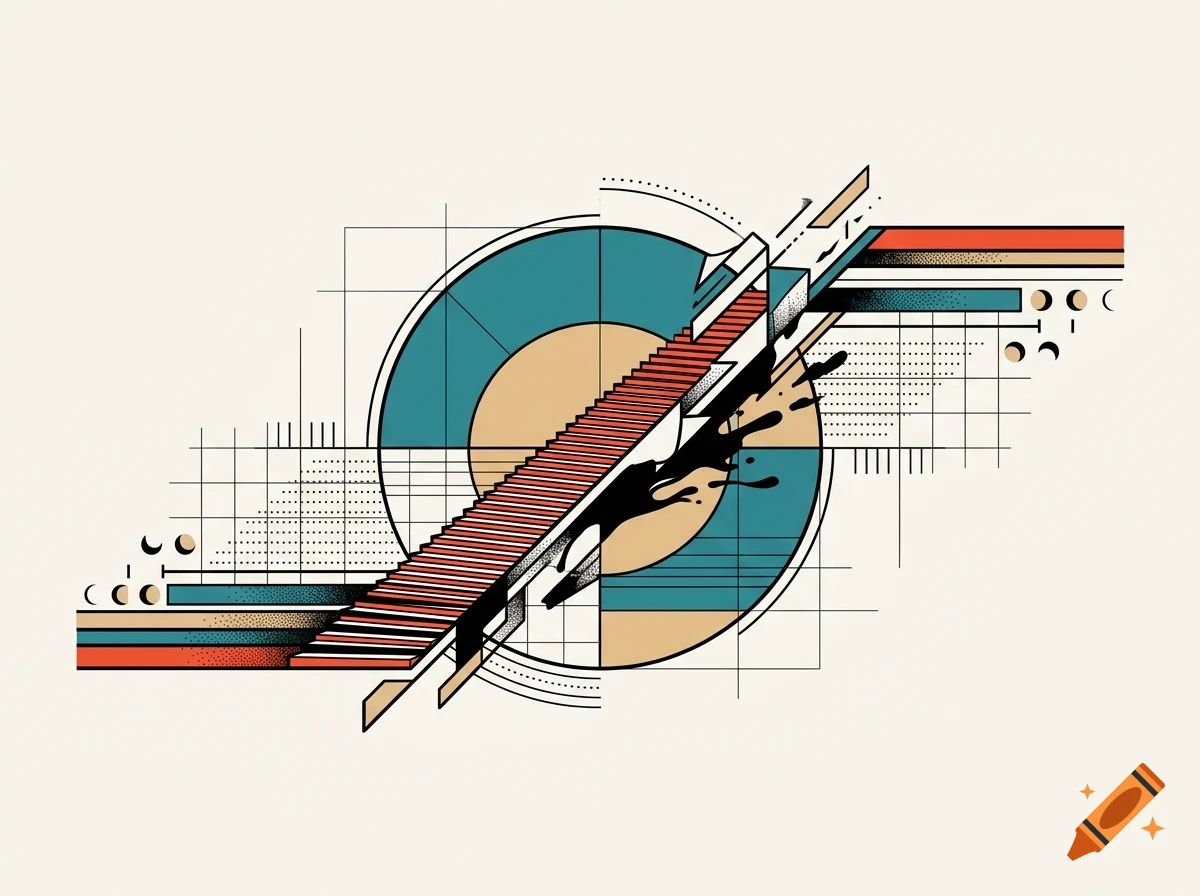 An abstract vector design featuring a staircase intersecting geometric circles, lines, and color blocks in teal, orange, and black.
