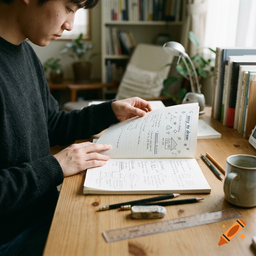 A young man sitting at a wooden desk, studying and reading a notebook with handwritten notes and sketches, in a cozy room with bookshelves.