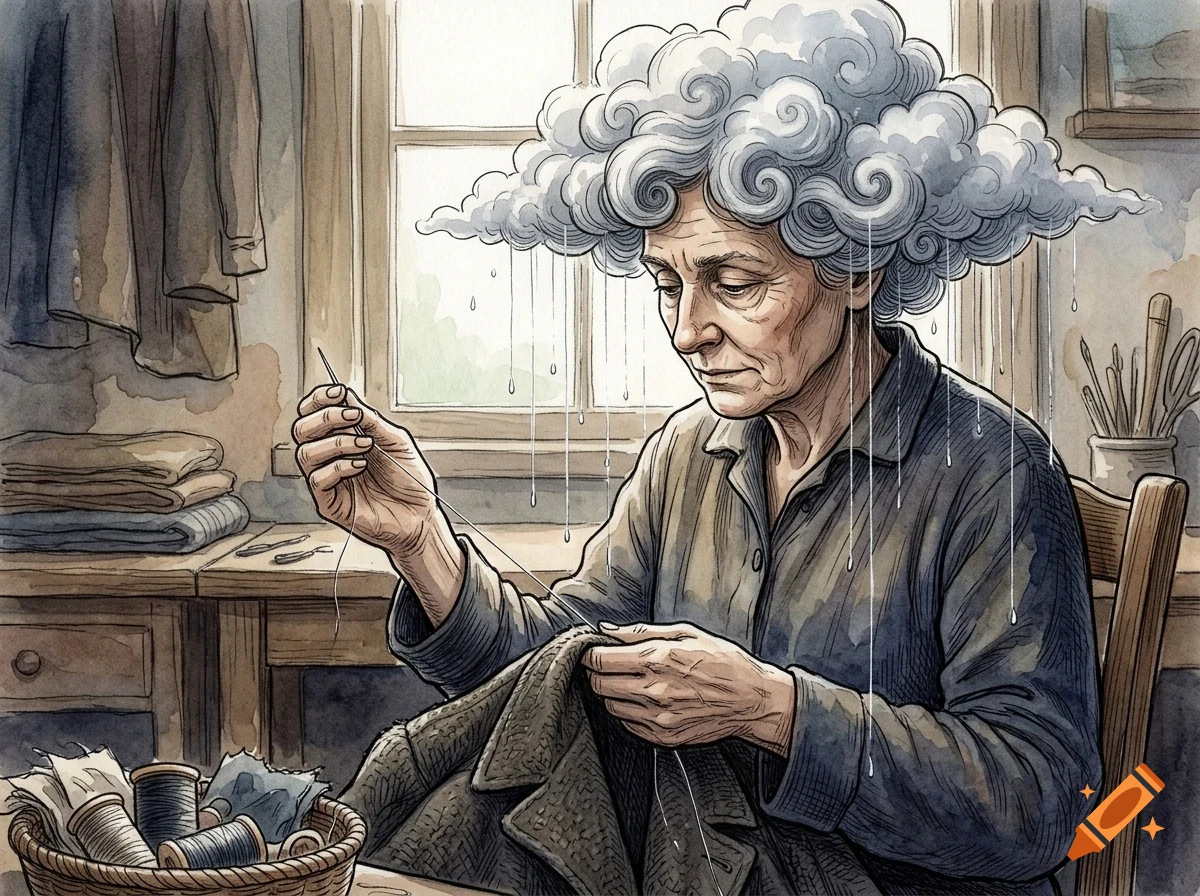 An elderly woman with a cloud of swirling gray hair and falling raindrops is sitting indoors and sewing a garment with a needle and thread.