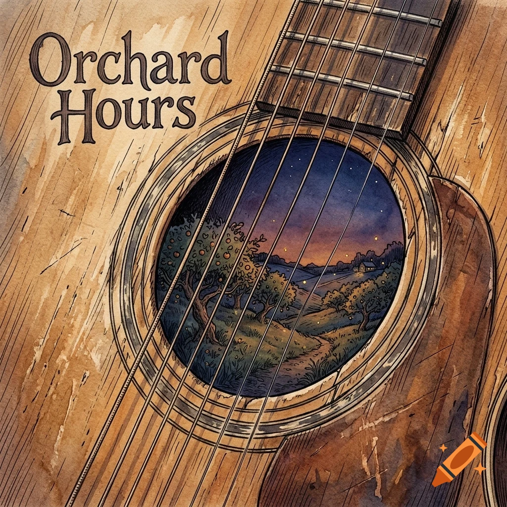 An illustration of an acoustic guitar with an orchard landscape visible through its soundhole, and the text Orchard Hours in the upper left.