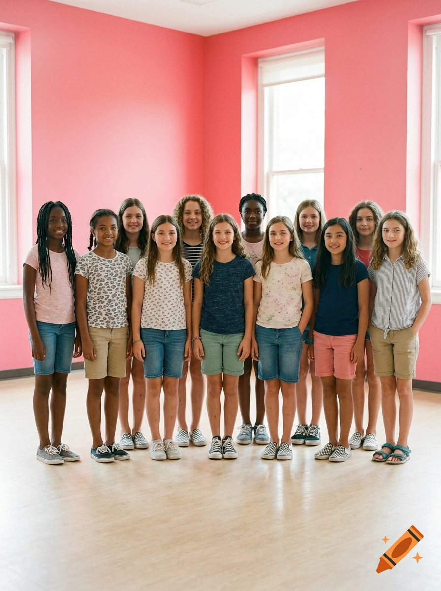 A diverse group of preteen girls standing in a row in a bright pink room, facing the camera.