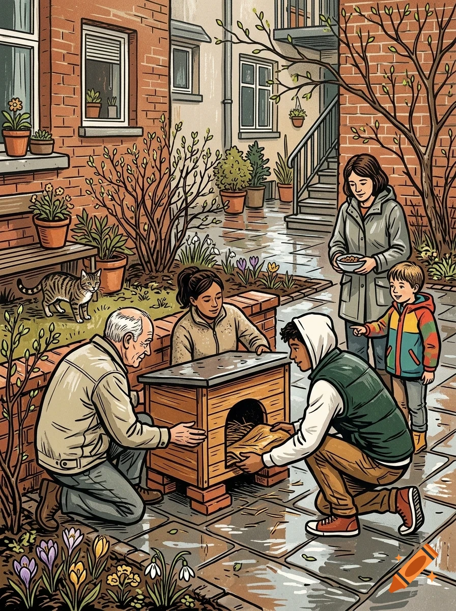 An illustrated outdoor scene showing a multi-generational group of people and a cat assembling or placing a wooden animal shelter in a paved courtyard with potted plants and brick buildings.