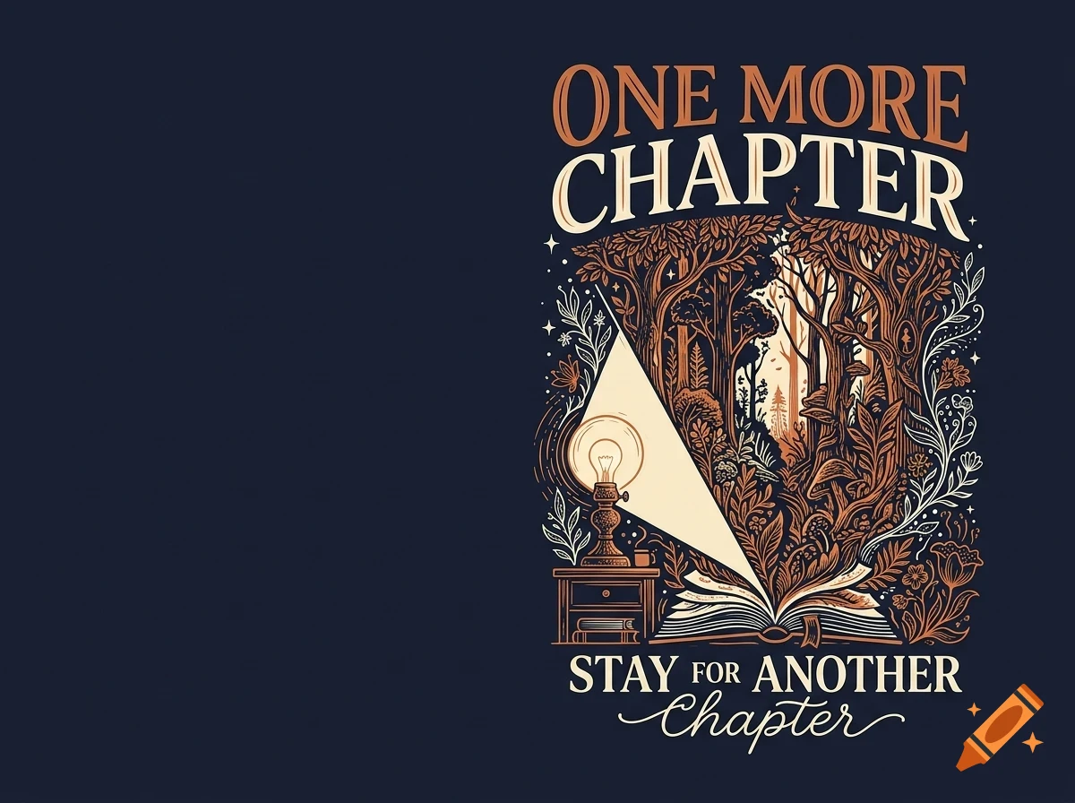An open book on a nightstand reveals a magical forest scene emerging from its pages, accompanied by the text "One More Chapter" and "Stay for another chapter".