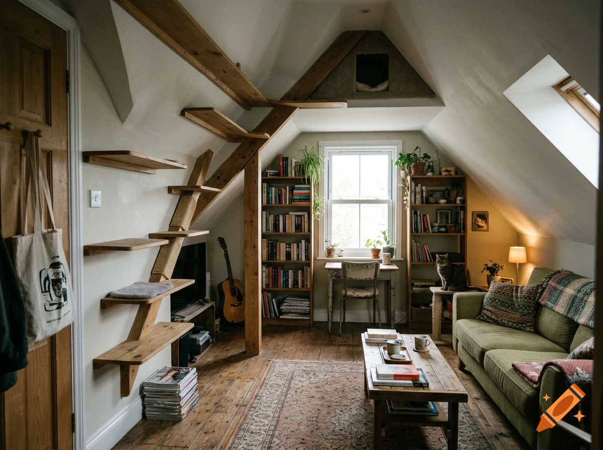 An attic living room with sloped ceilings, wooden shelves, a green sofa, bookshelves, a desk, and a cat sitting on a stool.