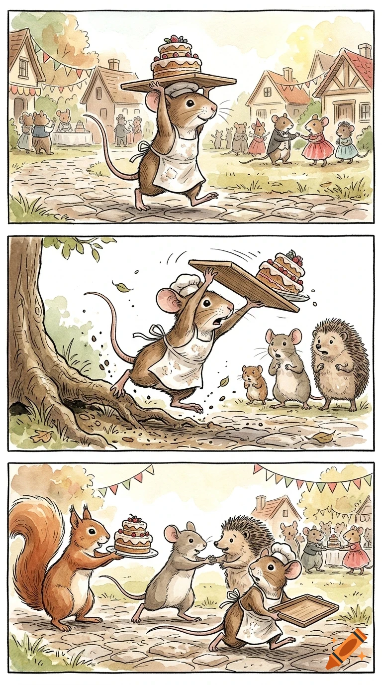 A three-panel watercolor illustration of anthropomorphic mice and animals celebrating, with a chef mouse carrying a multi-tiered cake.