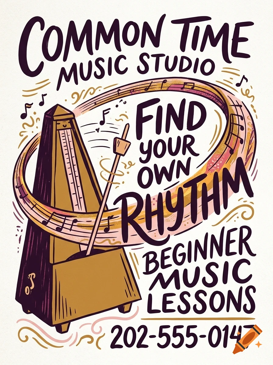 An illustrated poster for Common Time Music Studio featuring a metronome and musical notes with lettering that reads Find your own rhythm.