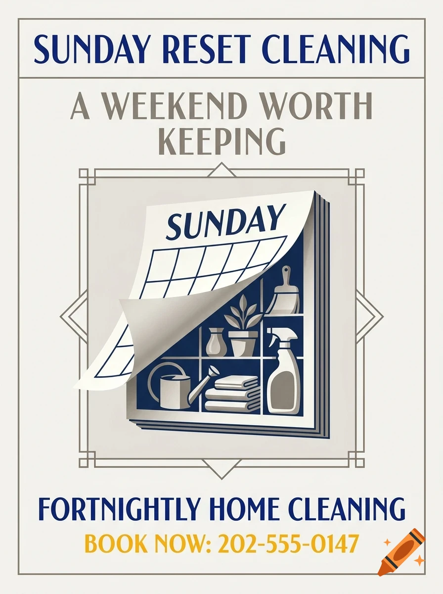 A cleaning service advertisement poster featuring a flipping calendar revealing cleaning supplies and a plant on shelves.