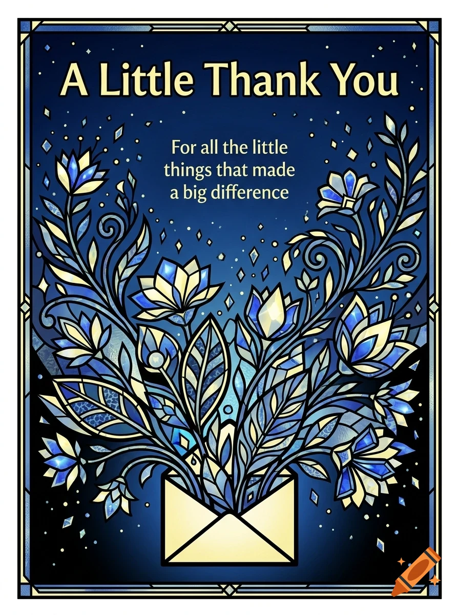 A greeting card with a blue stained glass design showing flowers emerging from an envelope and the text A Little Thank You.