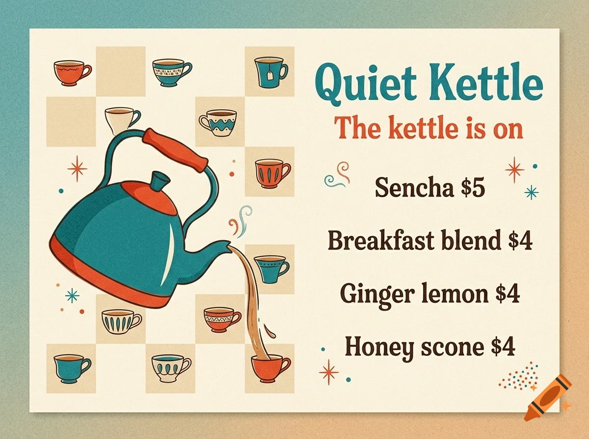 An illustration of a teal kettle pouring tea into a red teacup, with text reading Quiet Kettle and a menu.