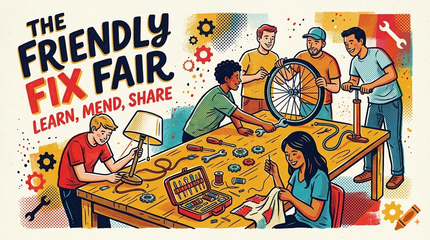An illustrated poster for The Friendly Fix Fair showing diverse people repairing items around a table.
