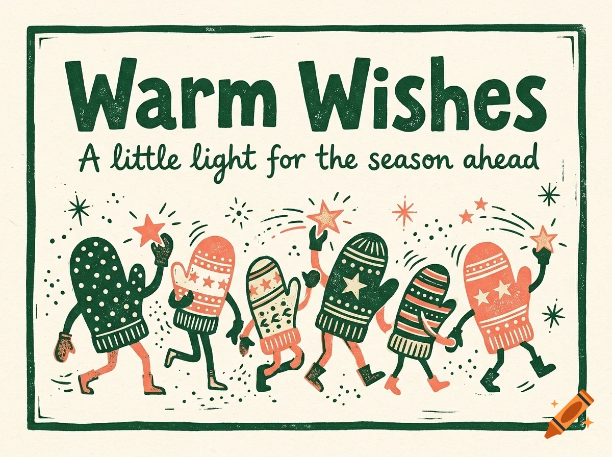 An illustrated holiday card featuring anthropomorphic mittens with arms and legs dancing and holding stars, with the text Warm Wishes.