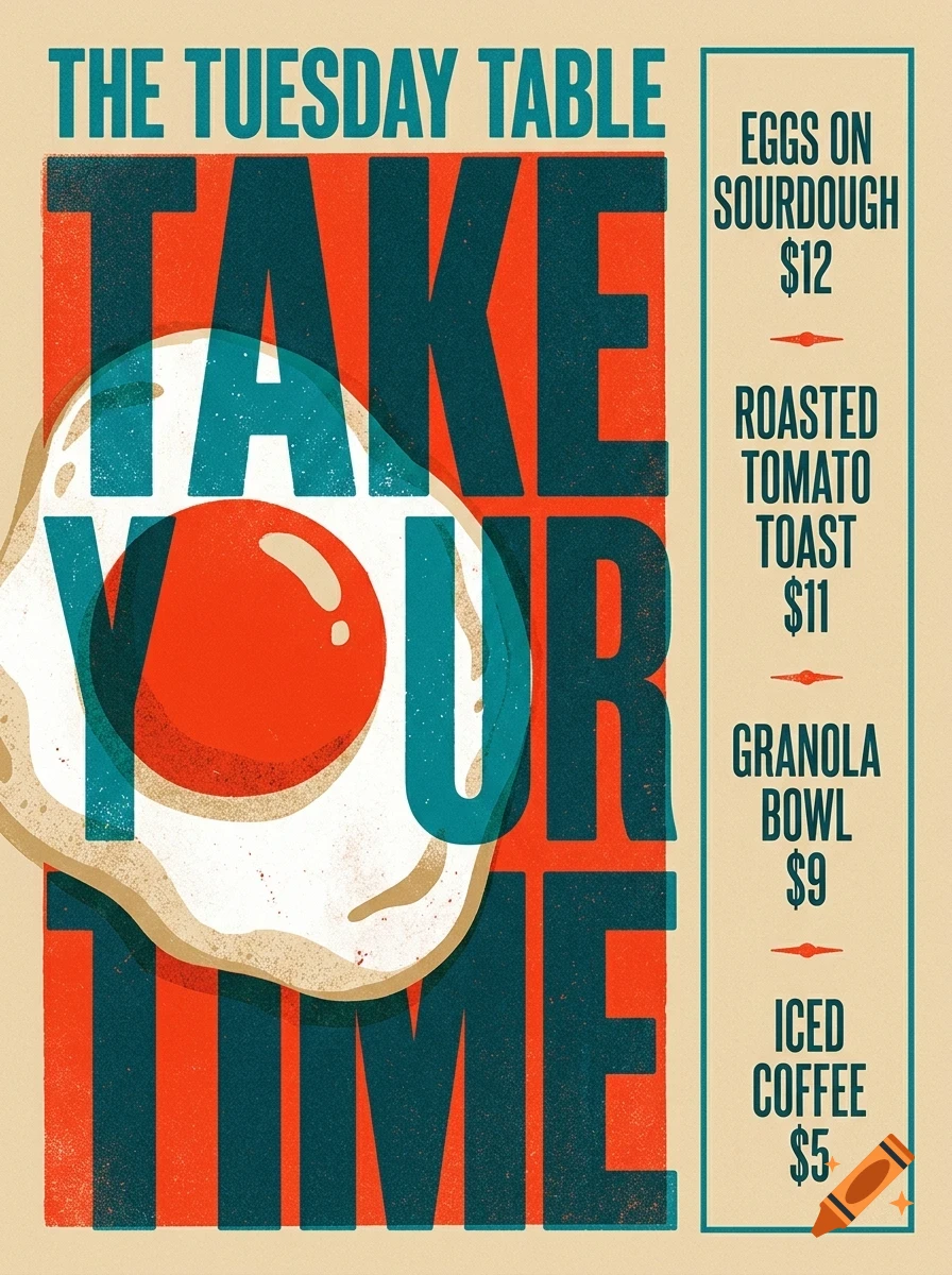 A poster featuring bold typography with the text "THE TUESDAY TABLE", "TAKE YOUR TIME", and a menu for breakfast items, along with an illustration of a fried egg.
