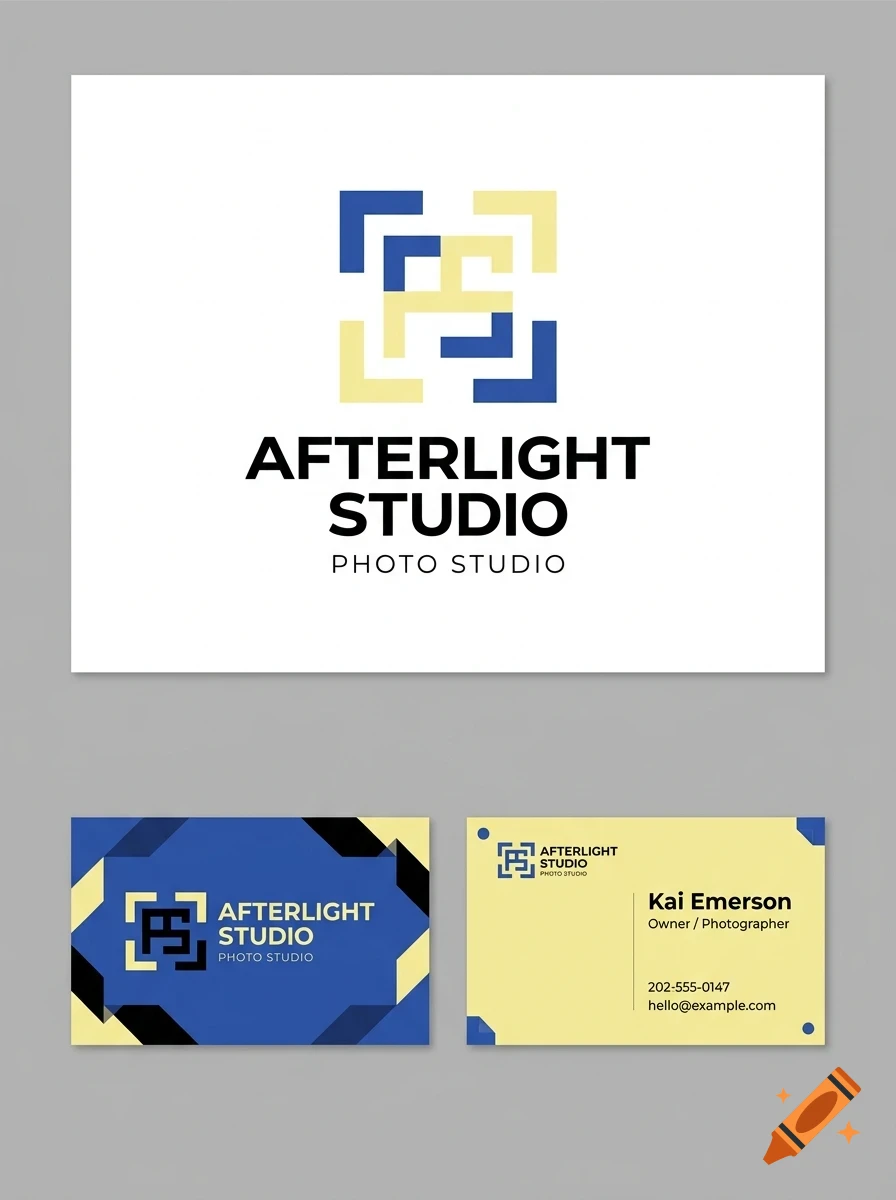 A business card and branding design mockup for Afterlight Studio featuring blue and yellow geometric camera aperture logo marks.
