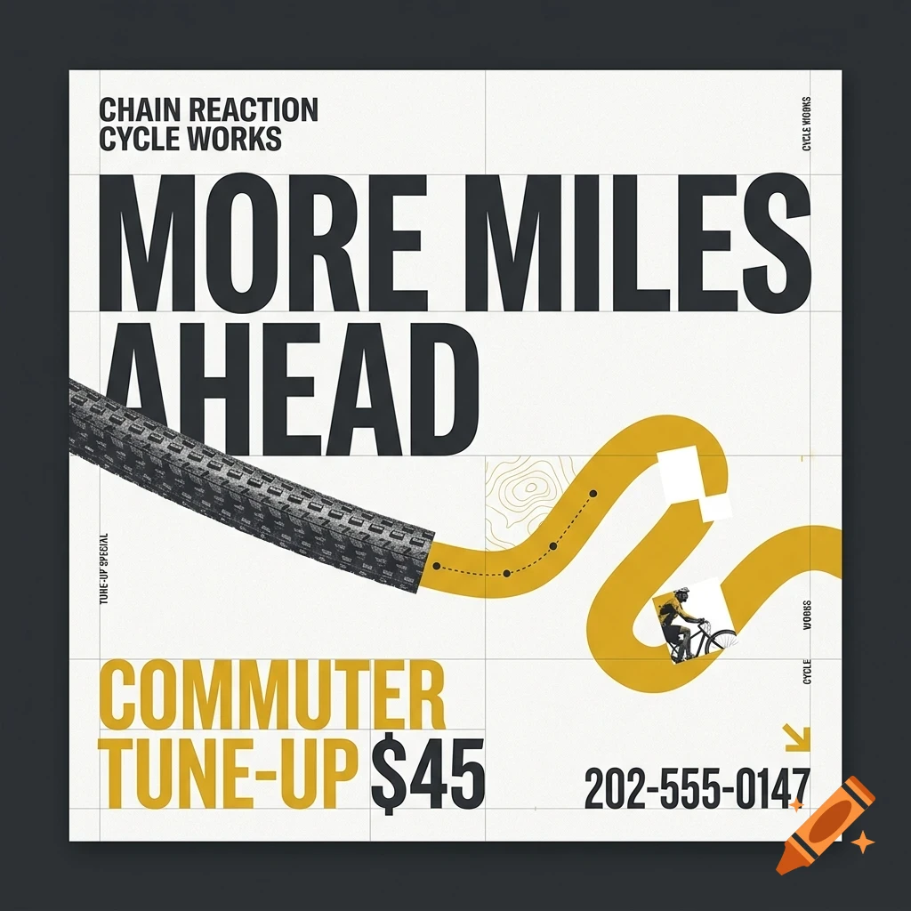 A poster design for a bicycle tune-up service featuring a tire graphic, winding yellow path, and bold text.