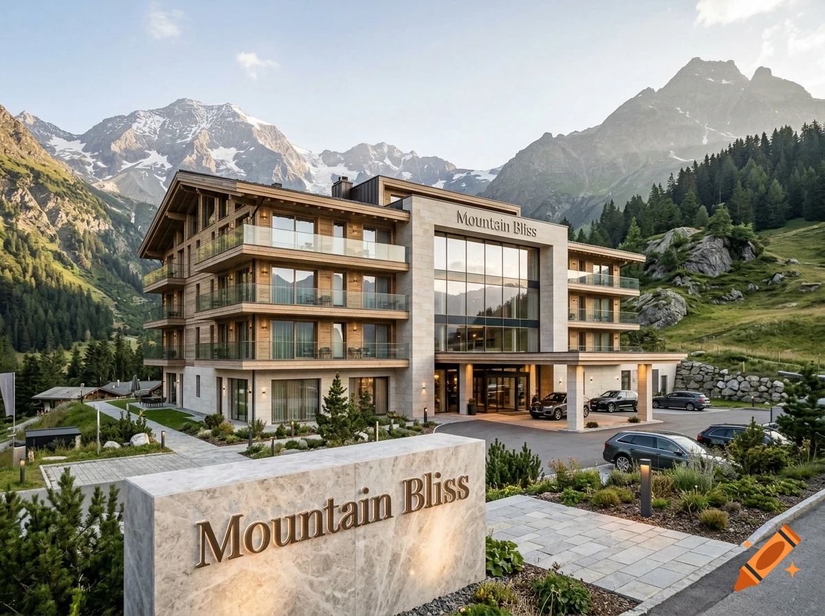 Photorealistic image of a modern luxury mountain hotel with large glass windows, wooden balconies, and snowy mountain peaks in the background.