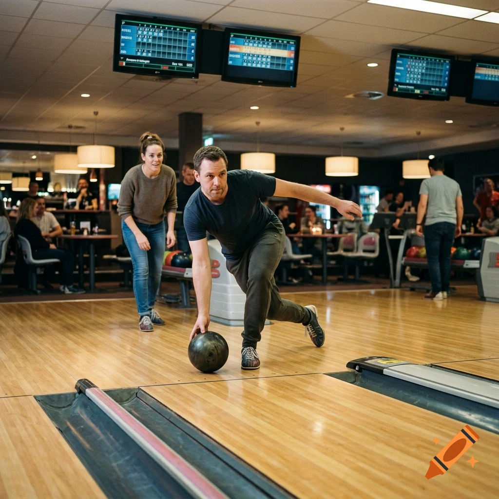 Photorealistic scene of a man bowling in a modern bowling alley, with a woman watching and other bowlers in the background.