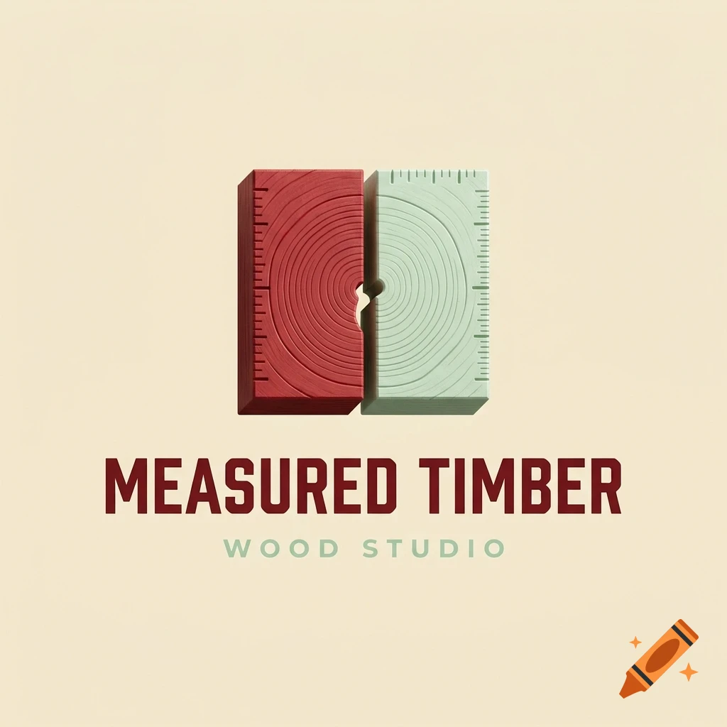 Logo featuring two cut timber blocks styled like rulers with tree rings and the text Measured Timber Wood Studio.