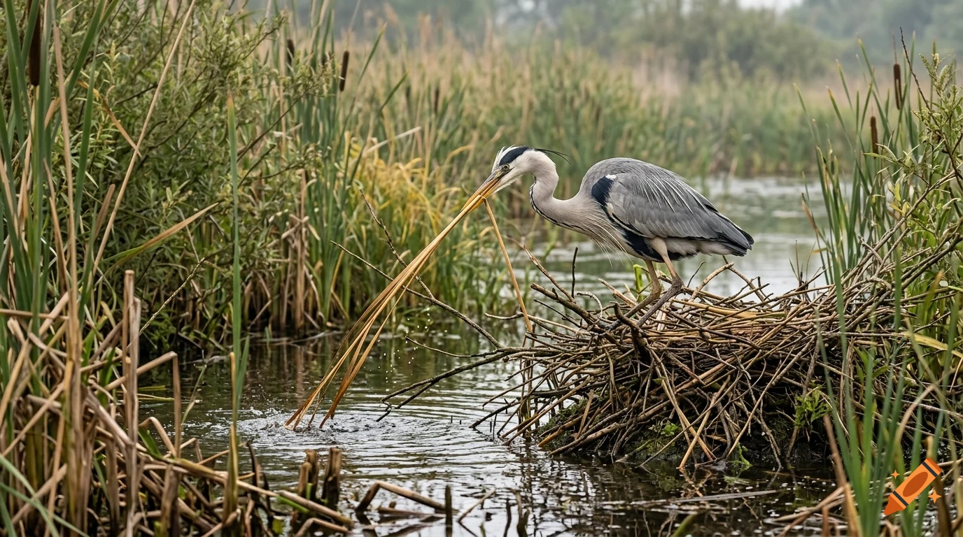 A grey heron standing in a nest among reeds near a river.